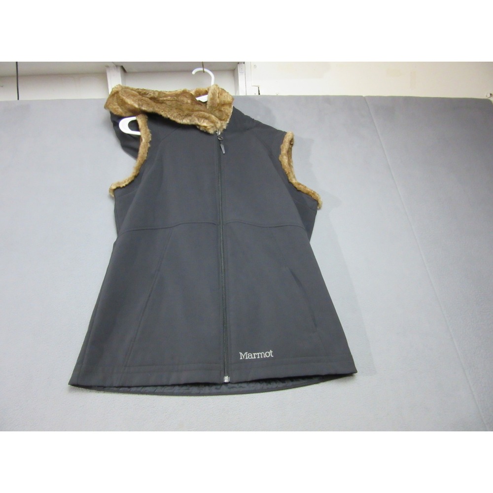 Marmot Vest Womens Medium Black Softshell Faux Fur Trim Hooded Outdoor Full Zip